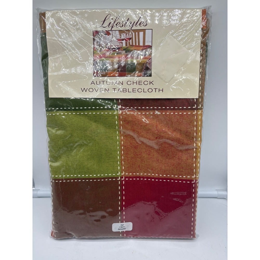 Lifestyles Autumn Check Tablecloth 70" Round Harvest Plaid Fall Thanksgiving NIP
